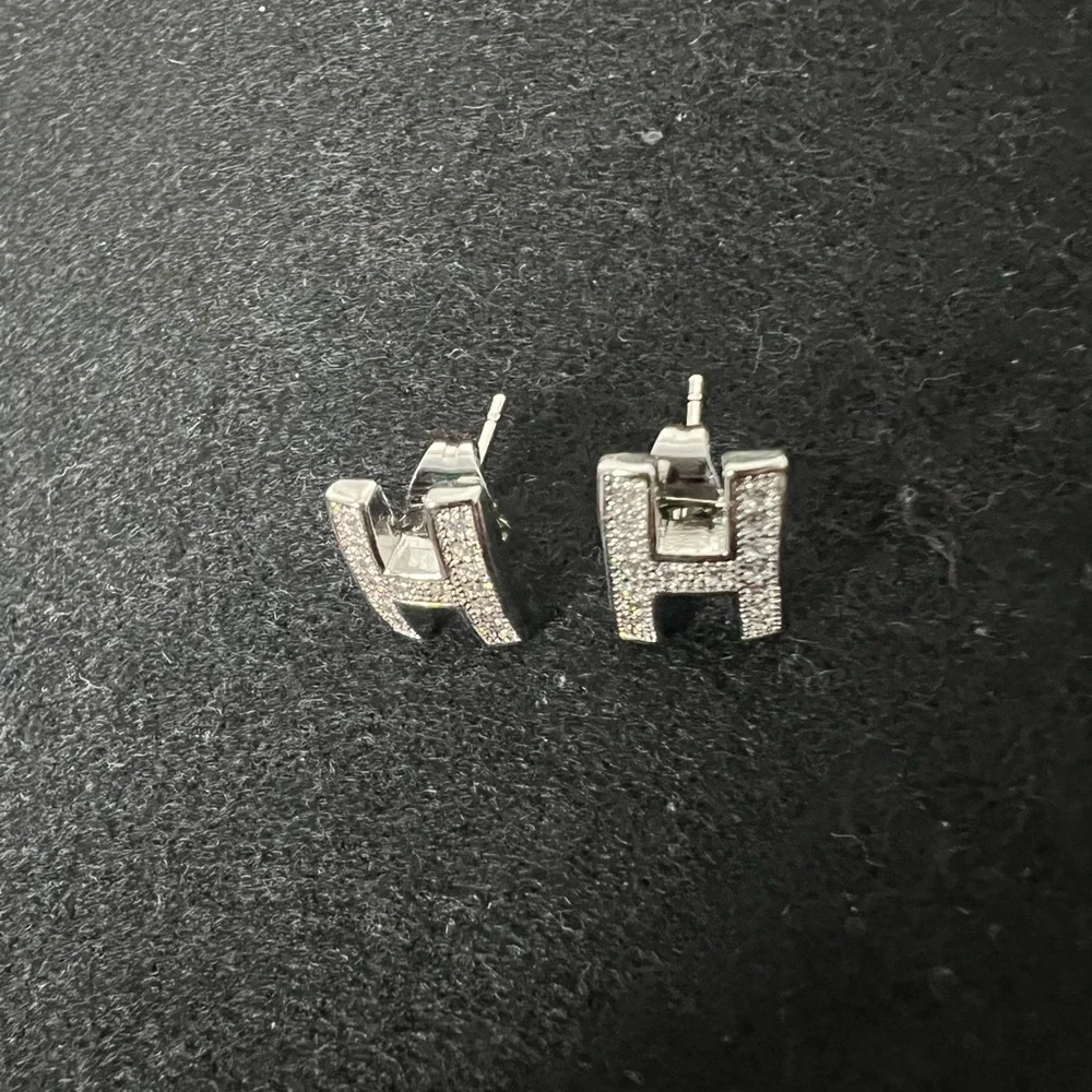Micro Paved Silver Letter H Stud Earrings New - Picture 4 of 7